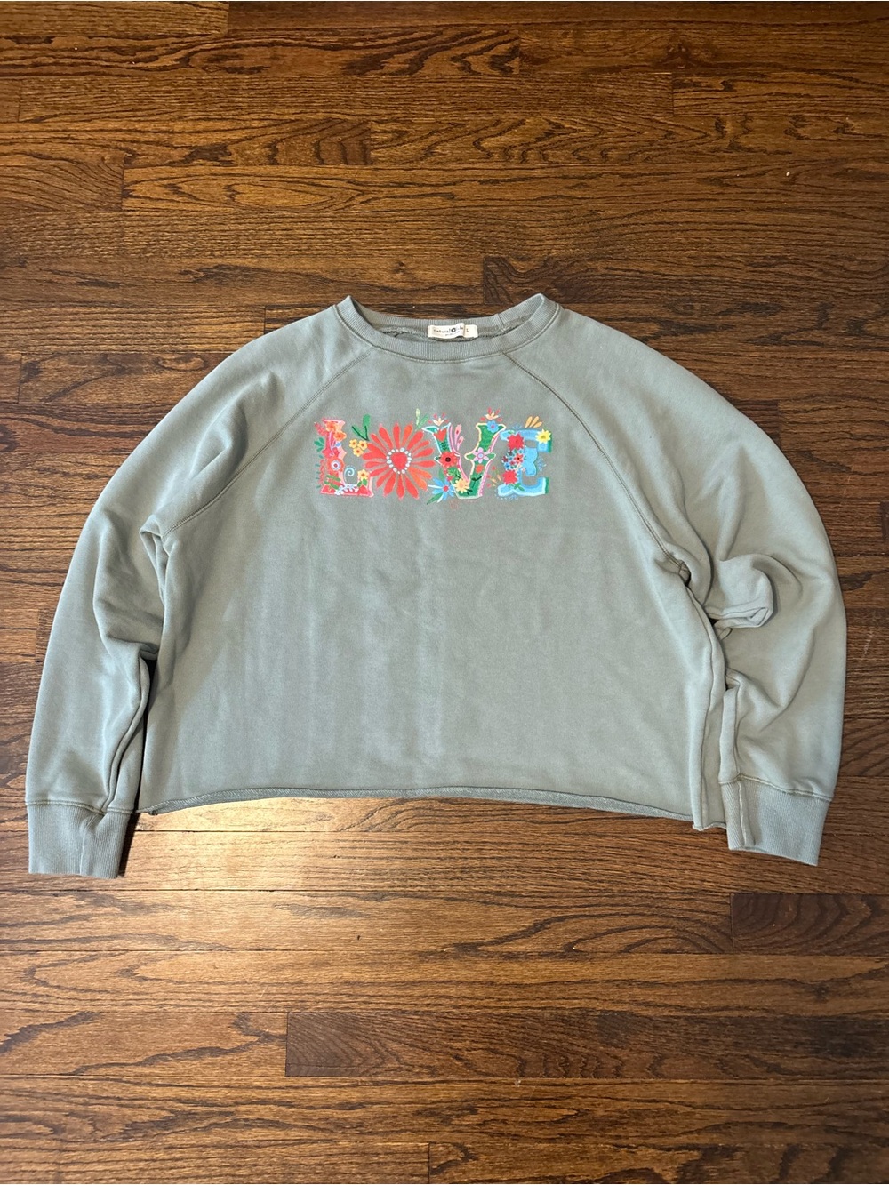 Natural Life Sage Green LOVE Floral Cropped Sweatshirt Boho Crewneck L